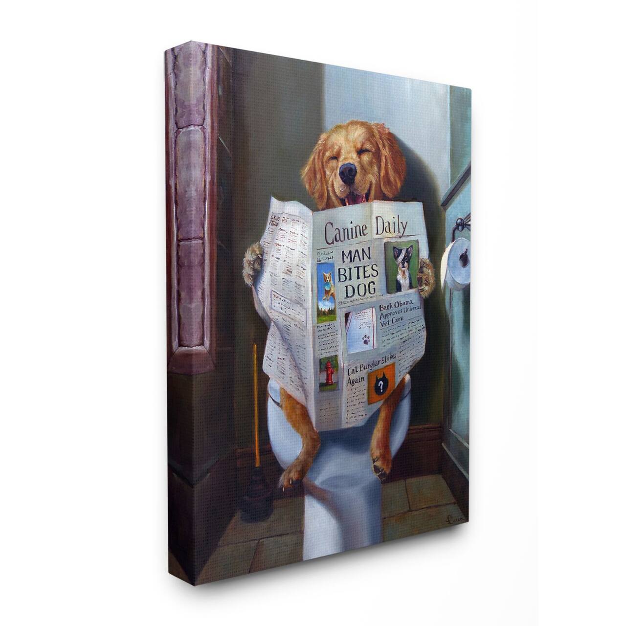 Stupell Industries Dog Reading Newspaper on Toilet Canvas Wall Accent